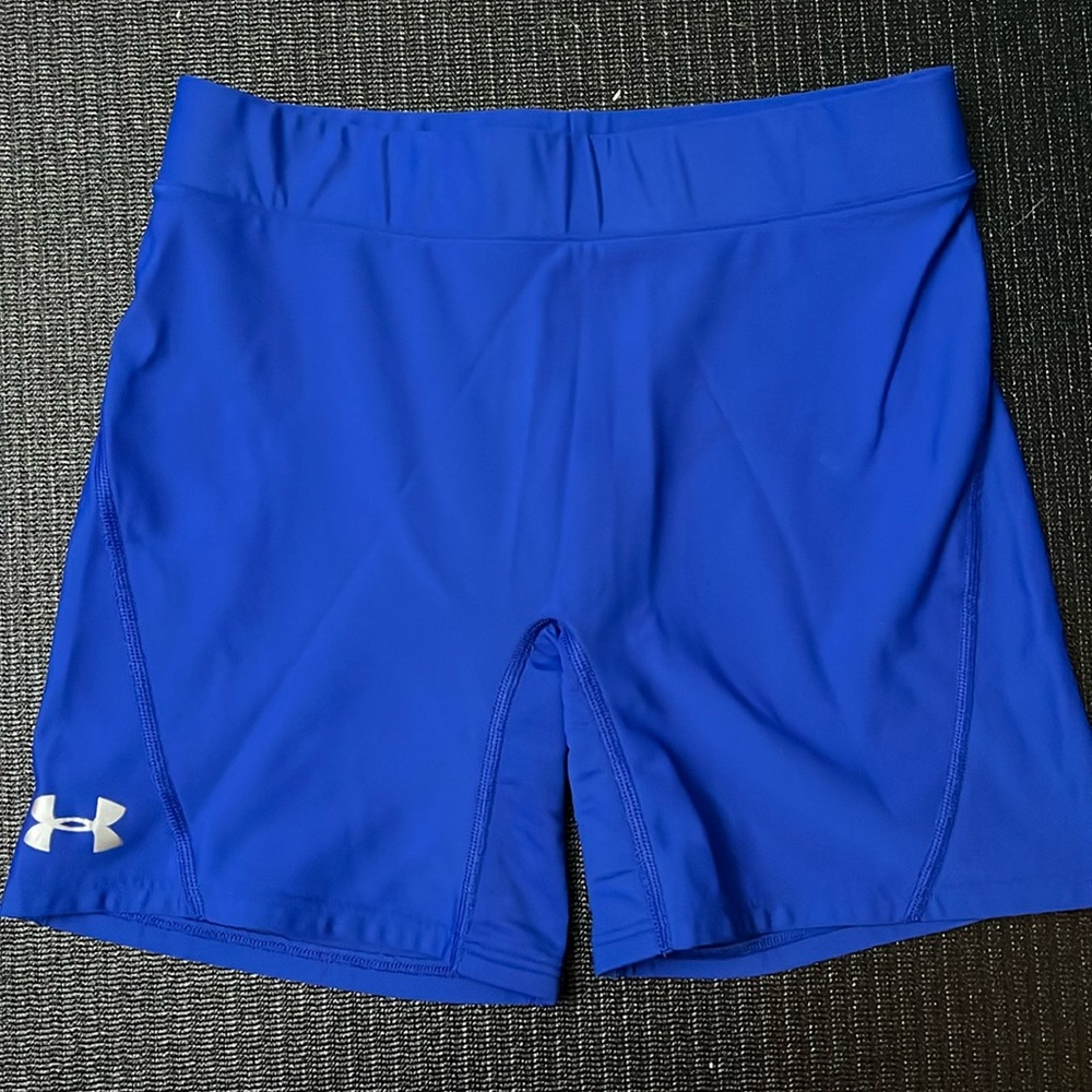 Under Armour Women's Bike Shorts , Metallic Silver Logo, Blue, Medium.
